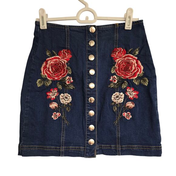 Women's PacSun Mini Denim Jean Skirt Snap Front Embroidered Floral | Size 24 - Picture 1 of 9